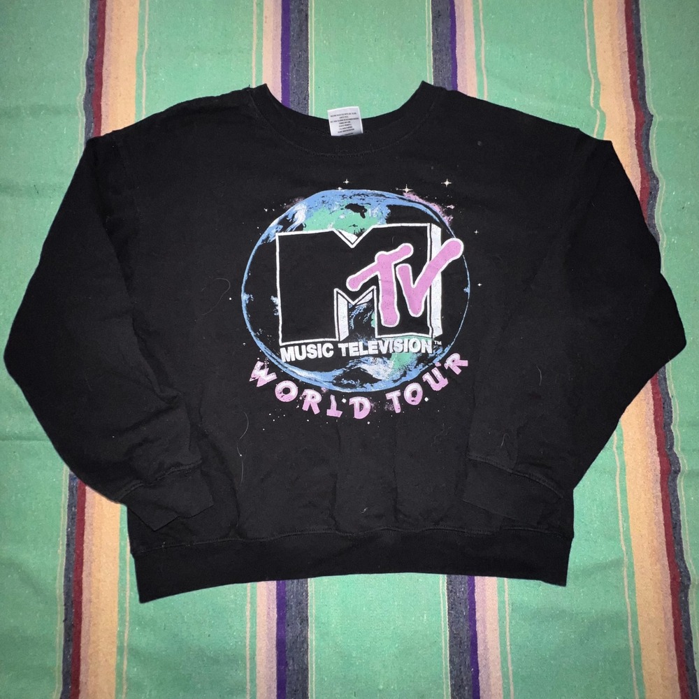 MTV Sweatshirt Girls Large 11-13 Black World Tour Graphic Pullover Music Retro